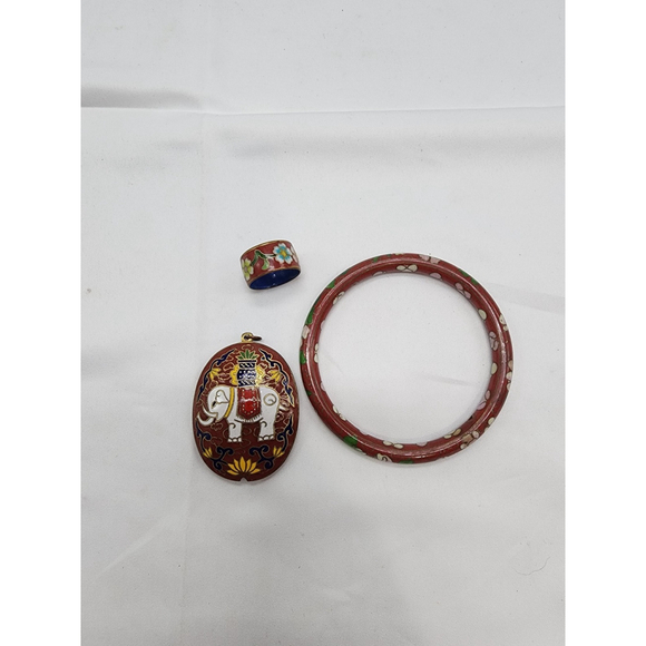 Vintage Enamel Elephant Pendant Ring & Bangle Set - Cloisonné Style Jewelry